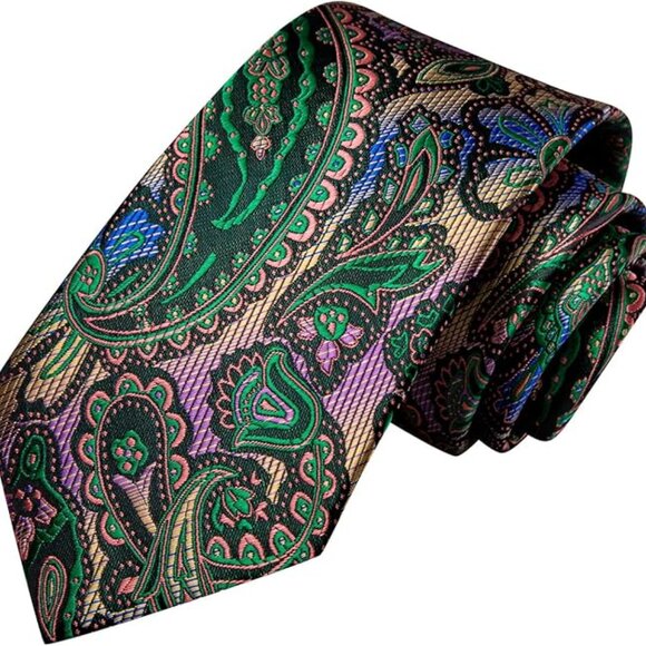 Silk Paisley Necktie and Pocket Square Cufflinks Set Green - Picture 4 of 6